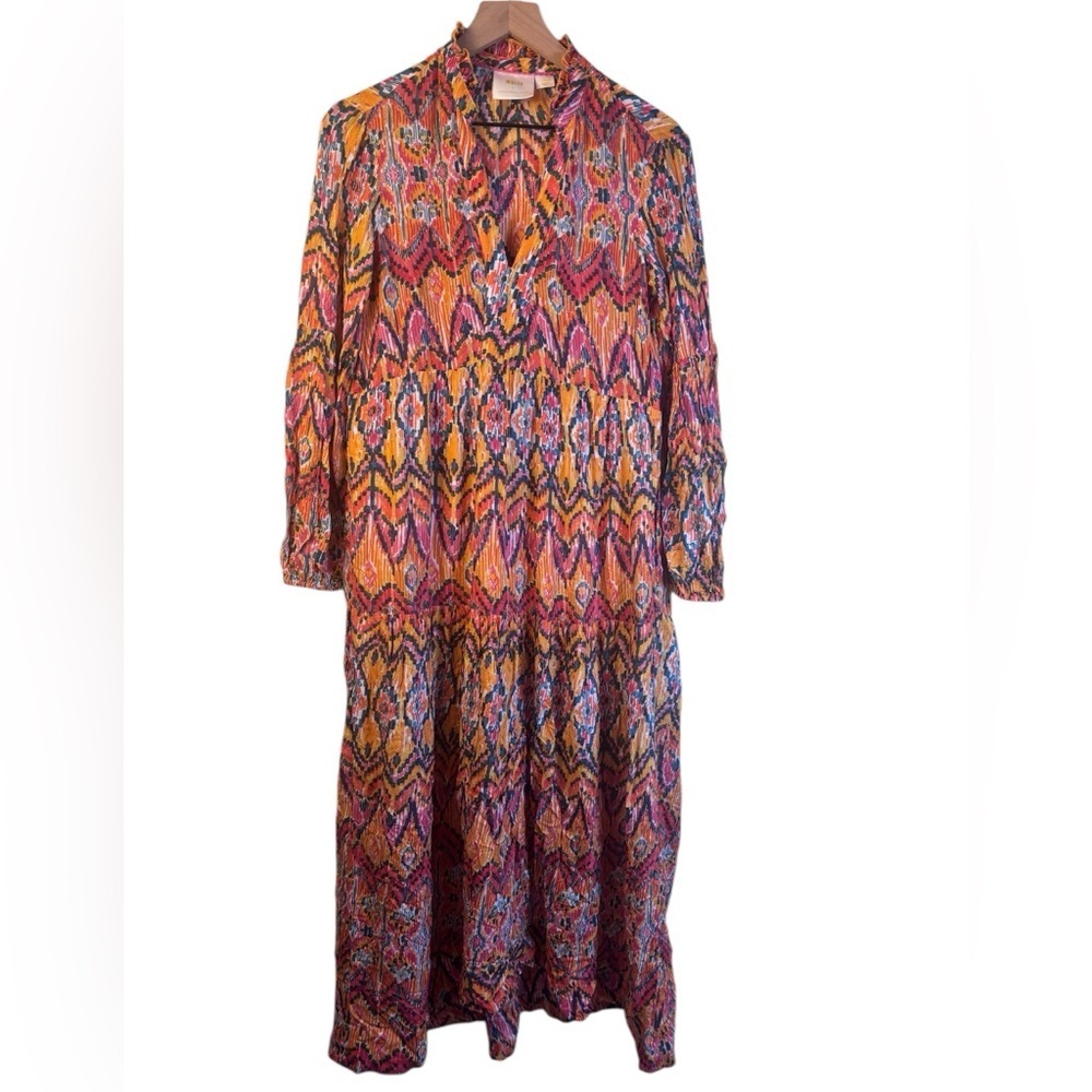 Anthropologie Maeve Tamarind Tiered Maxi Dress Orange/Multicolor Ikat Size XS - Picture 2 of 5
